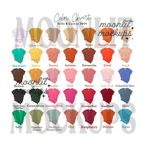 Bella Canvas 3001 Carta de colores de camiseta unisex - Maqueta de Bella Canvas - Bella Canvas Chart- Colores populares de Bella Canvas- Maqueta de carta de colores