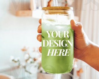 May include: A glass jar with a bamboo lid and a clear straw filled with a green beverage. The jar has the text "YOUR DESIGN HERE" printed on it.