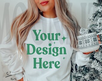 White Gildan 18000 Sweatshirt Mockup: Holiday Christmas Model (Digital Download)