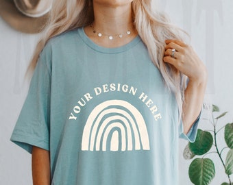 Bella Canvas 3001 Dusty Blue T-Shirt Mockup - Flat Lay Mockup