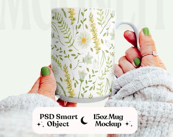 15oz White Coffee Mug Mockup: PSD Smart Object, Print on Demand