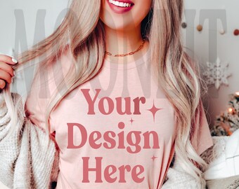 Bella Canvas 3001 T-Shirt Mockup: Heather Peach, Weihnachtsfeiertage (Digitale Datei)