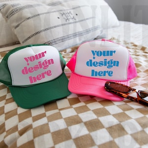 OTTO Cap Mockup - Trucker Baseball Caps Mockup - OTTO Cap 39-169 Mockup - Printify Mockup - Pink and Green Otto Cap Mockup - Mesh Cap Mockup