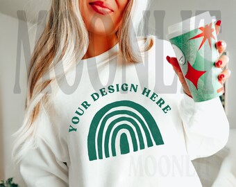 White Gildan 18000 Sweatshirt Mockup - Holiday Christmas Model Mockup