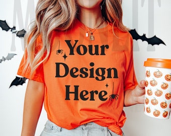 Bella Canvas 3001 Orange T-Shirt Mockup - Fall Halloween Mockup
