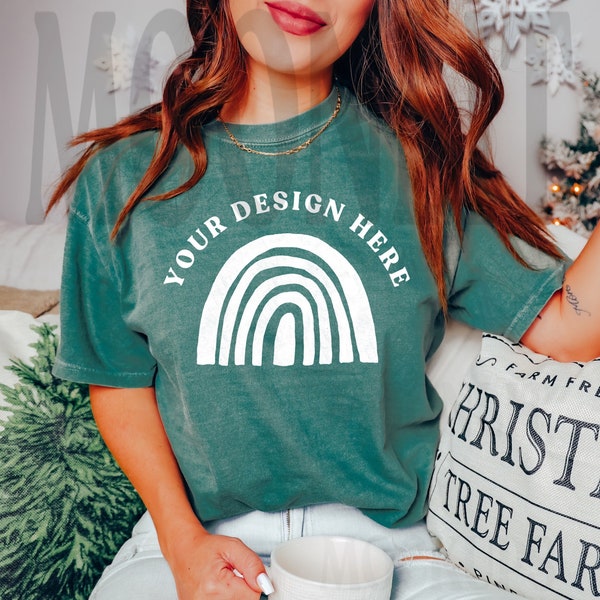 Comfort Colors 1717 Blue Spruce Shirt - Model Mockup- Blue Spruce Colored Shirt - Christmas Mockup - Blue Spruce Mockup