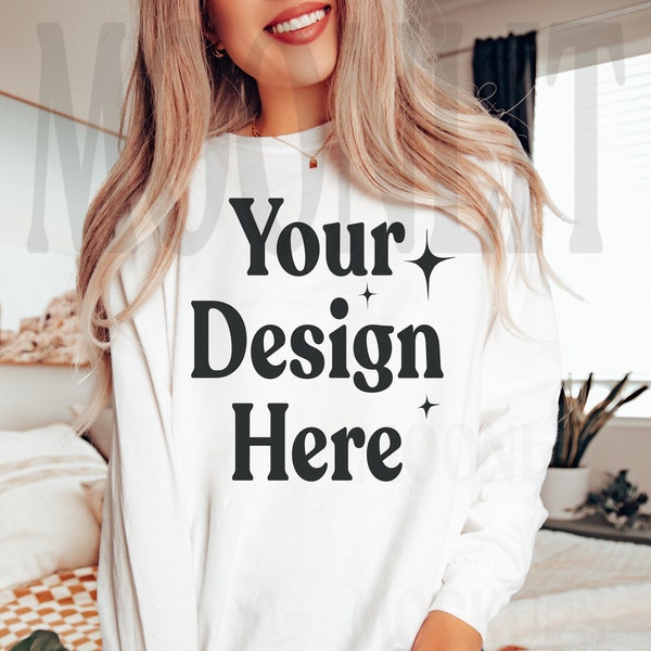 Comfort Colors 6014 Longsleeve T-Shirt - CC White Longsleeve Mockup - 6014 Mockup - White Shirt Mockup - Studio Mockup - Moonlit Mockups