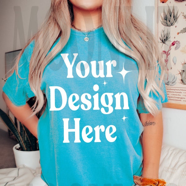 Comfort Colors 1717 Sapphire Blue Shirt - CC Sapphire Blue Mockup - C1717 Mockup - Model Mockup - Shirt Mockup- Boho Mockup