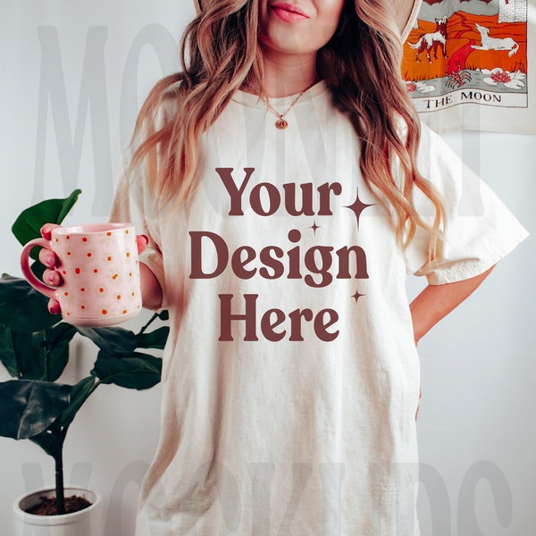 Comfort Colors 1717 Ivory Shirt Mockup - Oversized Mockup - Ivory Shirt - Ivory Comfort Color Shirt Mock - Model Mock up