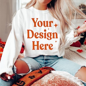 White Gildan 18000 Sweatshirt Mockup: Fall Halloween Model (Digital Download)