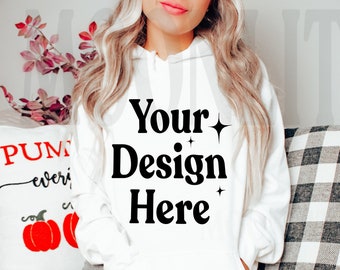 Gildan White Hoodie Model Mockup: Fall Halloween (Digital Download)