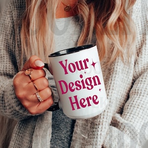 Mug Mockup - Black Handle Mug Mockup - 15oz Coffee Mug Mockup - Mug Mockup - Model Mockup - Cozy Mug Mockup