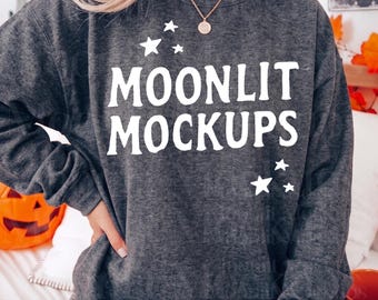 Dark Grey Heather  Gildan 18000 Sweatshirt Mockup: Heavy Blend Fall Mockup, Dark Grey Heather Gildan Sweatshirt Mockup