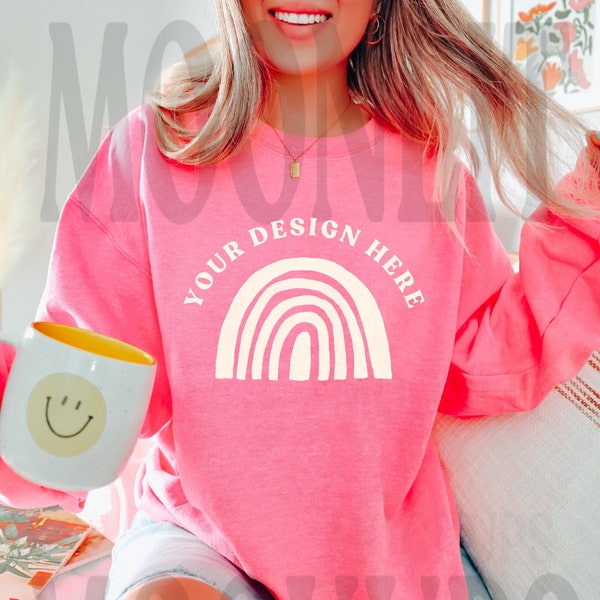 Gildan 18000 Sweatshirt Safety Pink Mockup - Safety Pink Sweatshirt Mockup - Safety Pink Sweatshirt - Gildan Mockup