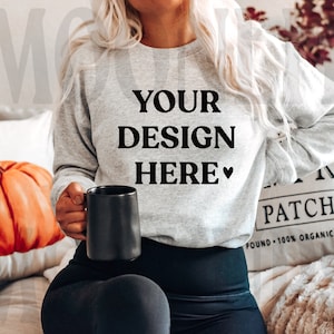 Gildan 18000 Ash Sweatshirt Mockup: Heavy Blend, Fall Theme