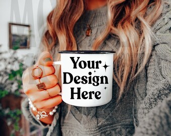 Enamel Camp Mug Mockup: Black Tin, Boho, Cozy (Digital Download)
