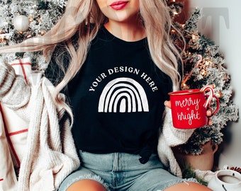 Bella Canvas 3001 zwart T-shirtmodel: kersttafereel (digitale download)