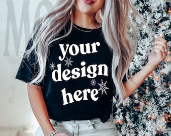 Bella Canvas 3001 Black T-Shirt Mockup - Christmas Theme