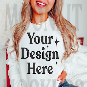 Gildan 18000 Sweatshirt Mockup- White Sweatshirt - White Sweatshirt Mock - Moonlit Mockups - White Mockup - White Gildan Mockup