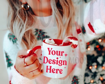 Red Accent Mug Mockup: Christmas Cozy Scene (Digital Download)