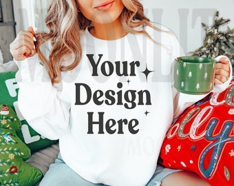 White Gildan 18000 Sweatshirt Mockup: Holiday Christmas Model (Digital Download)