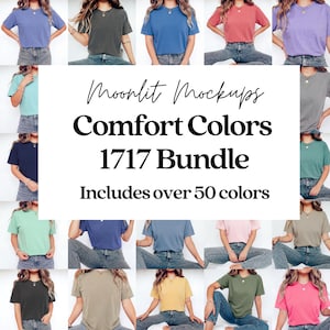 May include: A collection of t-shirts in various colors, including blue, green, pink, and gray. The image features the text "Moonlit Mockups Comfort Colors 1717 Bundle" and "Includes over 50 colors."