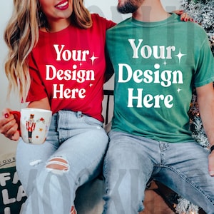 Comfort Colors 1717 Red and Light Green Shirt - Model Mockup- Red Shirt Mockup- Christmas Mockup - Couples Comfort Color Mockup