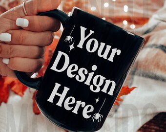Halloween Mug Mockup: 15oz Black Coffee Mug, Cozy Fall Theme (Digital Download)