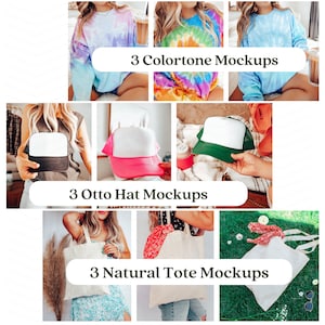 May include: Three mockups featuring a tie-dye long-sleeve shirt, a trucker hat, and a tote bag. The tie-dye shirt is in shades of blue, pink, and purple. The trucker hat is pink with a white front panel. The tote bag is white with a natural fabric texture.