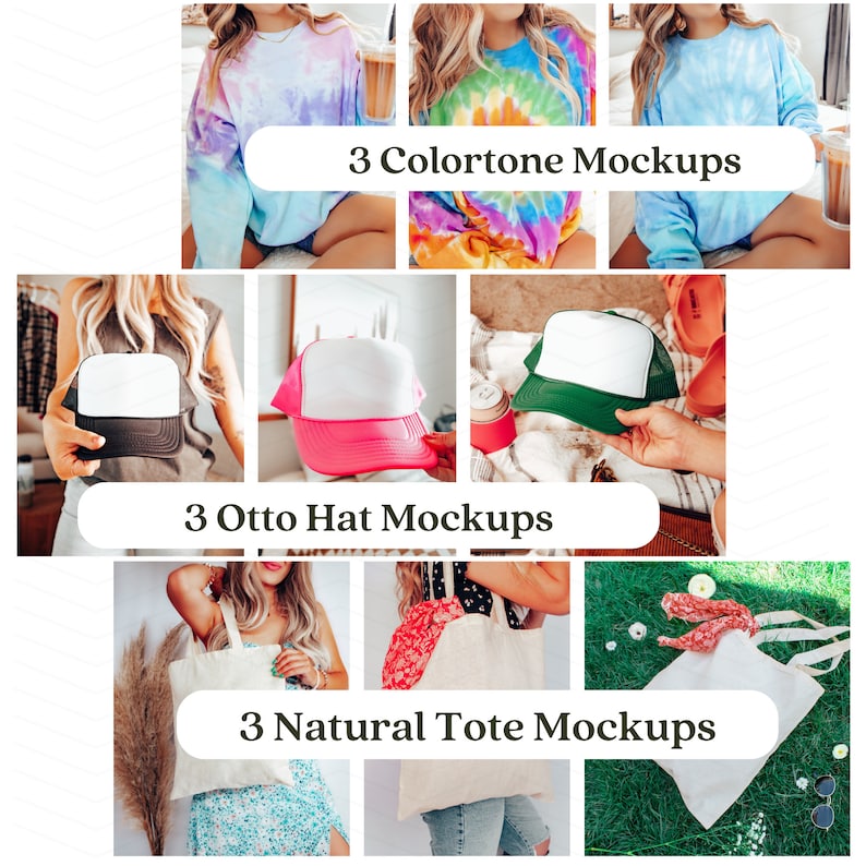 May include: Three mockups featuring a tie-dye long-sleeve shirt, a trucker hat, and a tote bag. The tie-dye shirt is in shades of blue, pink, and purple. The trucker hat is pink with a white front panel. The tote bag is white with a natural fabric texture.