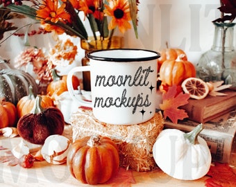 Maqueta de taza de esmalte de campamento: Lata negra, Halloween de otoño (Descarga digital)