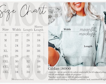 Gildan 18000 Size Chart Mockup Sweatshirt- Sizing Gildan - Unisex Size Chart- Unisex Sizing- Flat Lay Mock up Sweatshirt - Size Chart