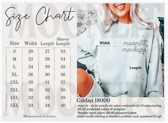 Gildan 18000 Size Chart Mockup Sweatshirt Sizing Gildan | Etsy