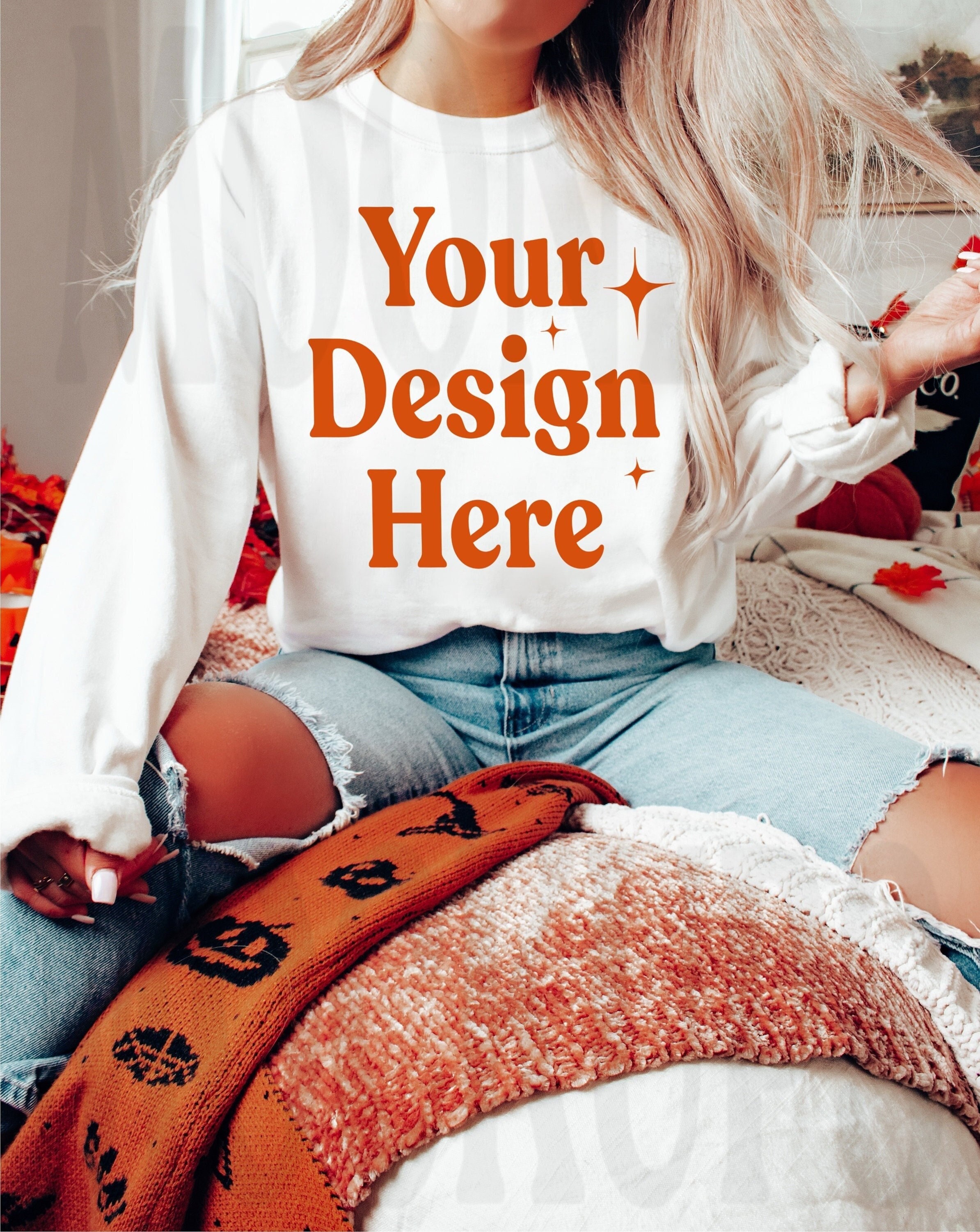 Gildan 18000 Sweatshirt Mockup - White Sweatshirt Mockup - Heavy Blend Sweatshirt - Model Mockup - Fall Mockup - Halloween Mockup