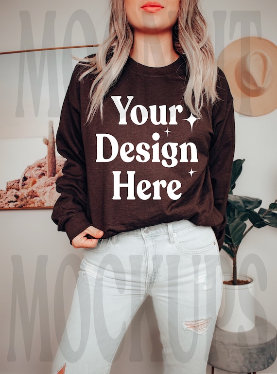 Gildan 18000 Sweatshirt Mockup Brown Sweatshirt Mockup Model