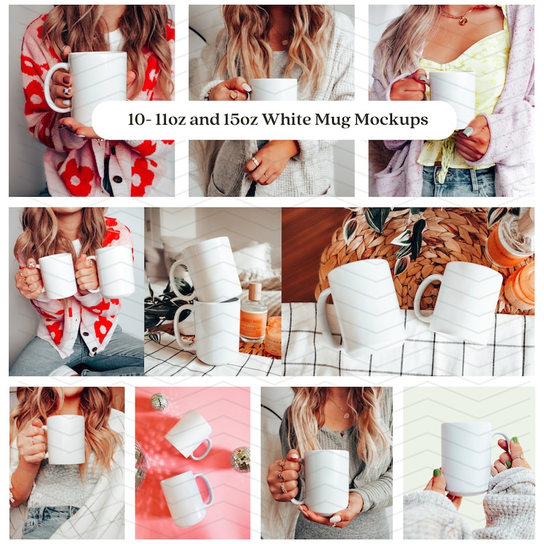 May include: A set of 10-11oz and 15oz white ceramic mugs in various settings. The mugs are blank and ready for customisation.