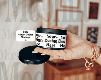 Black Tin Candle Mockup: 8oz PSD Smart Object Mockup