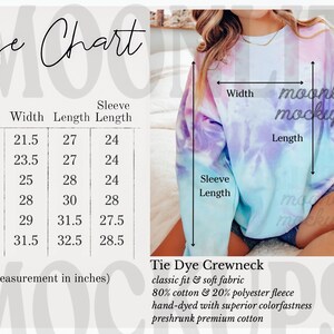 May include: Size chart for a tie-dye crewneck sweatshirt. The chart shows measurements in inches for width, length, and sleeve length for sizes S through 3XL. The sweatshirt is described as classic fit and soft fabric, 80% cotton and 20% polyester fleece, hand-dyed with superior colorfastness, and preshrunk premium cotton.