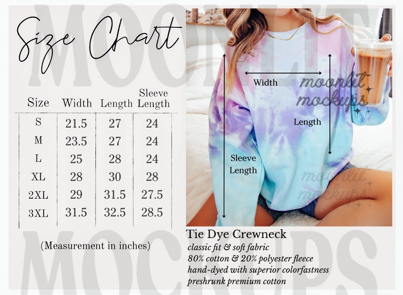 May include: Size chart for a tie-dye crewneck sweatshirt. The chart shows measurements in inches for width, length, and sleeve length for sizes S through 3XL. The sweatshirt is described as classic fit and soft fabric, 80% cotton and 20% polyester fleece, hand-dyed with superior colorfastness, and preshrunk premium cotton.