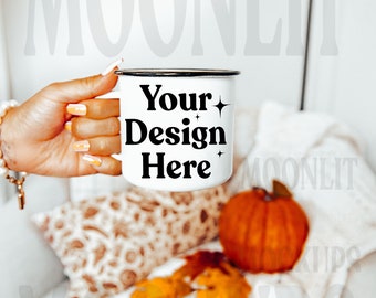 Maqueta de taza de esmalte de campamento: Lata negra, Halloween de otoño (Descarga digital)