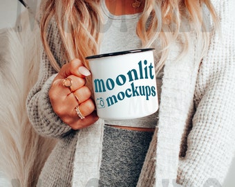 Enamel Camp Mug Mockup: 10oz Black Tin, Boho Style (Digital Download)