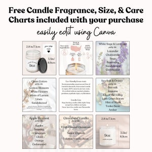 May include: A graphic showcasing candle fragrance, size, and care charts. The charts include details on scents like White Sage & Lavender, Clean Cotton, and Apple Harvest. The image also highlights non-toxic ingredients and a 100% cotton wick.