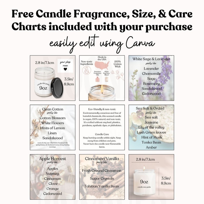 May include: A graphic showcasing candle fragrance, size, and care charts. The charts include details on scents like White Sage & Lavender, Clean Cotton, and Apple Harvest. The image also highlights non-toxic ingredients and a 100% cotton wick.