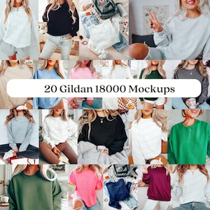May include: A collage of 20 different Gildan 18000 mockups showcasing a variety of colours and styles of sweatshirts. The mockups feature the sweatshirts being worn by different people in a range of settings.