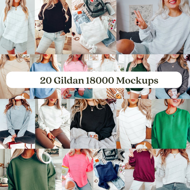 May include: A collage of 20 different Gildan 18000 mockups showcasing a variety of colours and styles of sweatshirts. The mockups feature the sweatshirts being worn by different people in a range of settings.