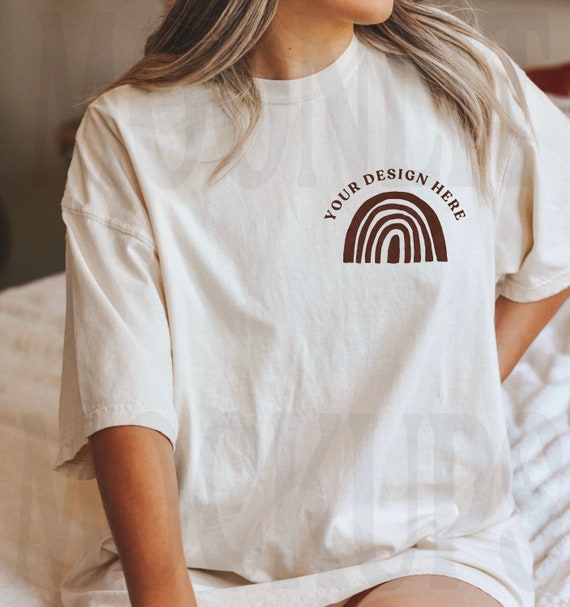 Comfort Colors C1717 Ivory Shirt - CC Close up Mockup - Ivory Colored Shirt  - Unisex Sizing- Model Mock up Tee - Size Chart - Closeup Mock