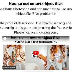 May include: A video thumbnail showing two people holding mugs and tumblers. The text on the thumbnail reads "How to use smart object files + with just a few easy steps! +" and "Watch on YouTube".