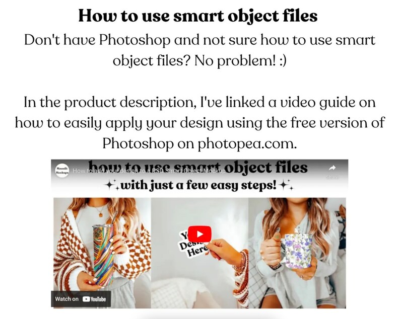 May include: A video thumbnail showing two people holding mugs and tumblers. The text on the thumbnail reads "How to use smart object files + with just a few easy steps! +" and "Watch on YouTube".
