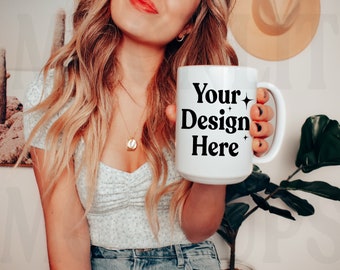 Mug Mockup - 15oz Coffee Mug Mockup - Mug Mockup - Model Mockup - Cozy Mug Mockup - Boho Mug Mockup