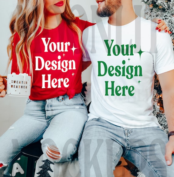 Bella Canvas 3001 T-Shirt Mockup: Red & White Christmas Couple Mockup